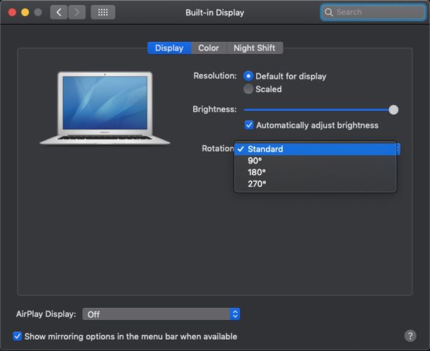 Screen rotation settings on a macOS device