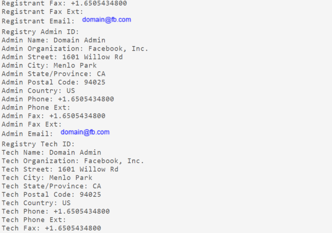 Whois Lookup Facebook Site Example