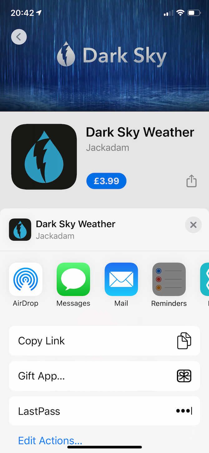 Dark Sky App Gifting on iOS Share Menu