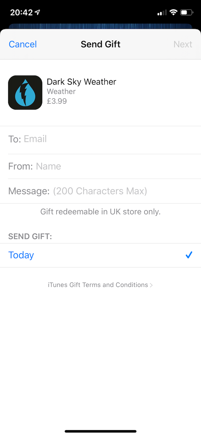 Dark Sky App Gifting on iOS Gifting Page