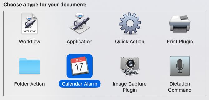 Calendar Alarm document type in Automator