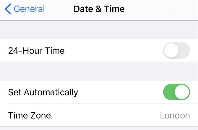 Date & Time Settings with Set Automatically option in settings