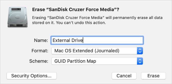 Disk Utility window showing options to erase external disk