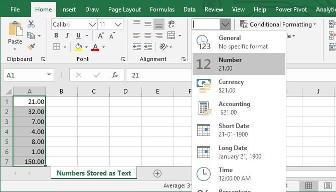 Convert text to number in Excel via the Ribbon menu.