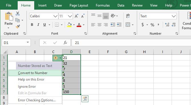 Convert text to number using the warning shown in Excel cells.