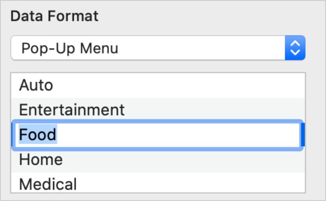 Format sidebar showing Pop-Up Menu options in Numbers