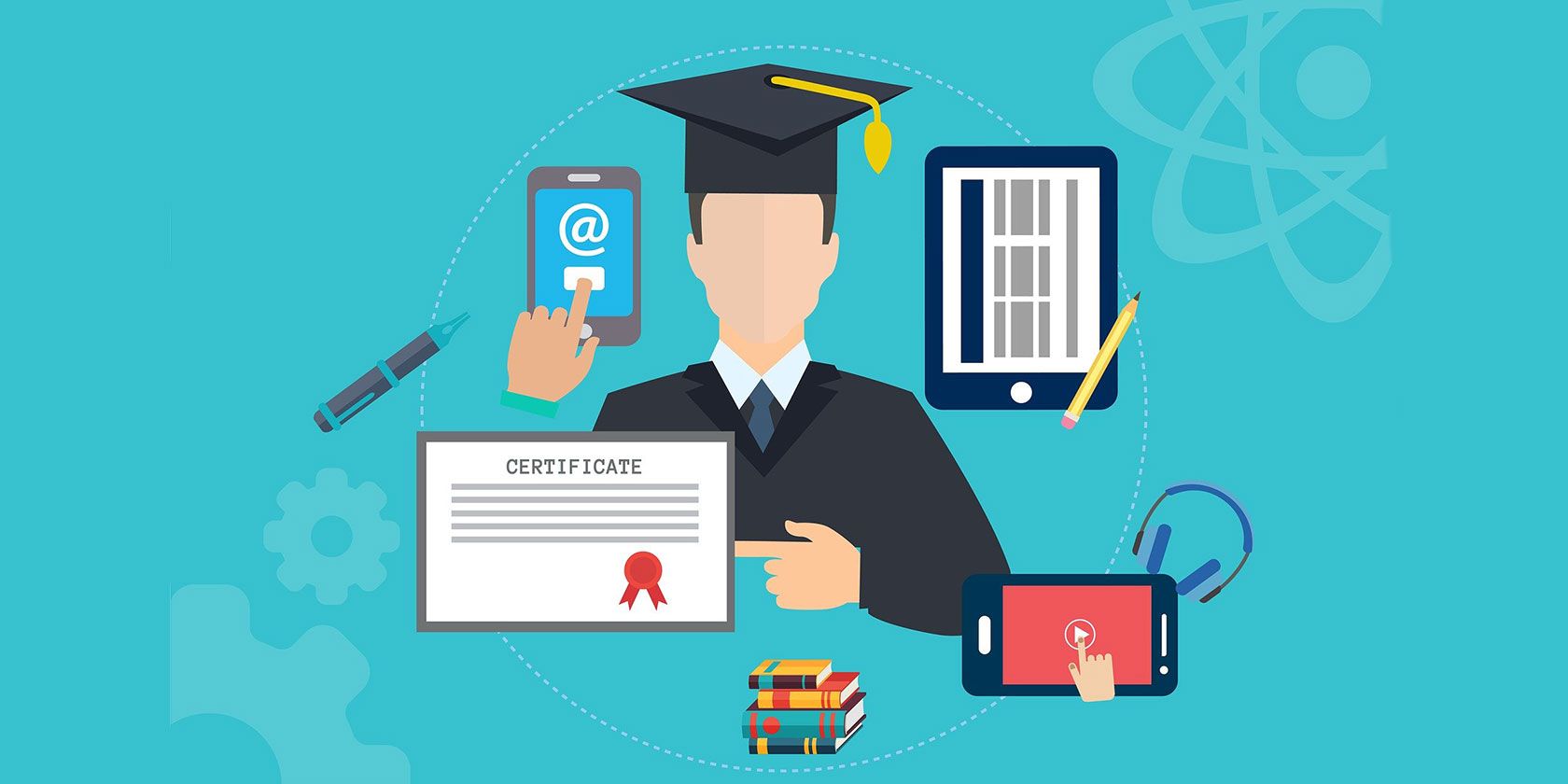 illustration d'un diplômé avec des dispositifs d'apprentissage en ligne et un certificat
