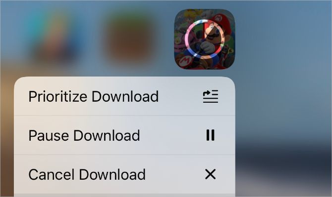 Quick Action menu for downloading app with pause and prioritize options