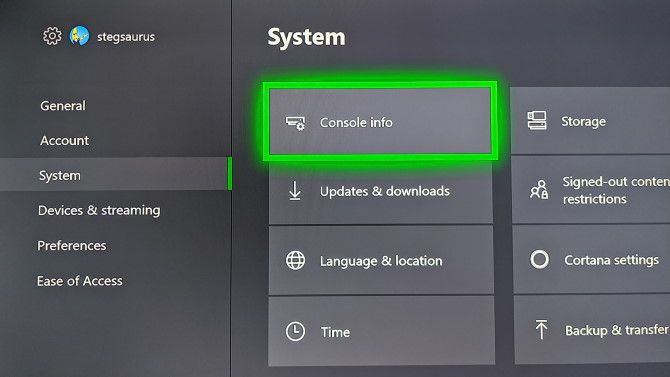 Menu Info Konsol Xbox One