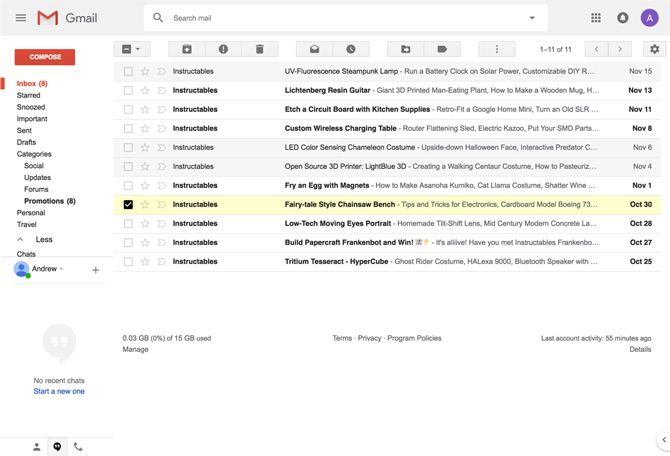 A screenshot of Andrew Powell's old Gmail theme