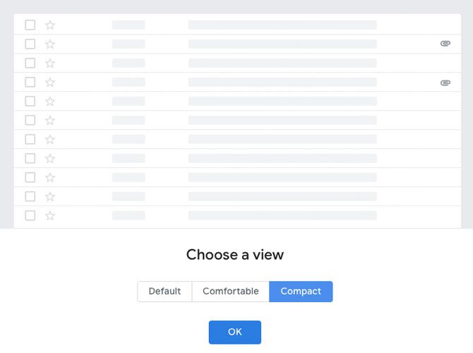A screenshot of Gmail's display density views