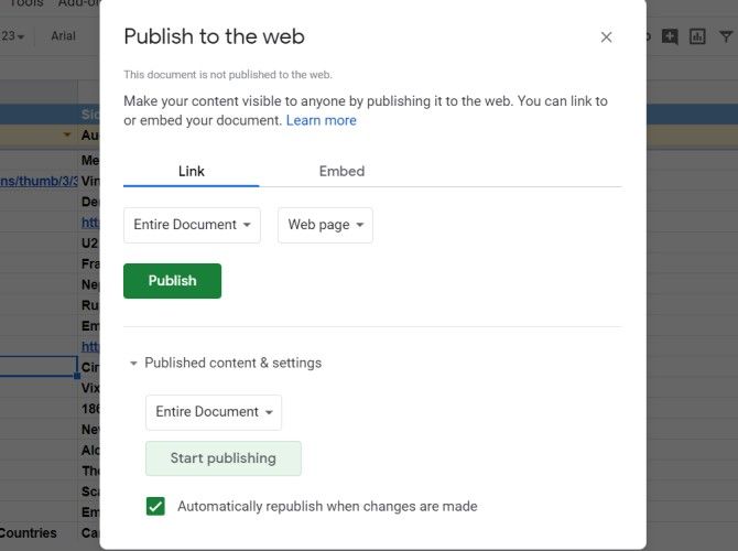 Google Sheets Flashcards Publish to Web