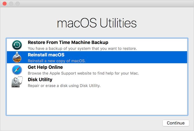 macOS Utilities window from Recovery partition on Mac