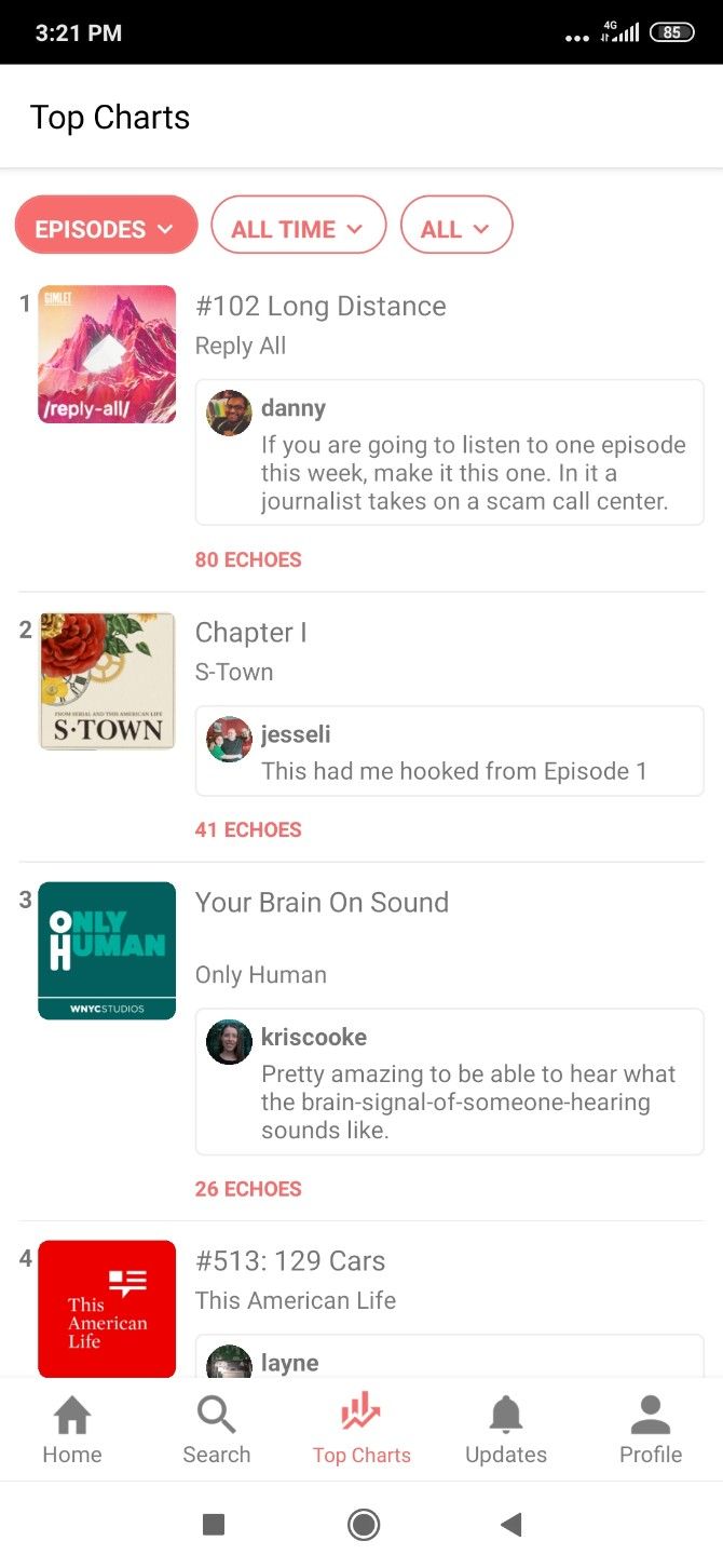Podyssey is like Twitter for podcasts, with "echoes" acting as retweets