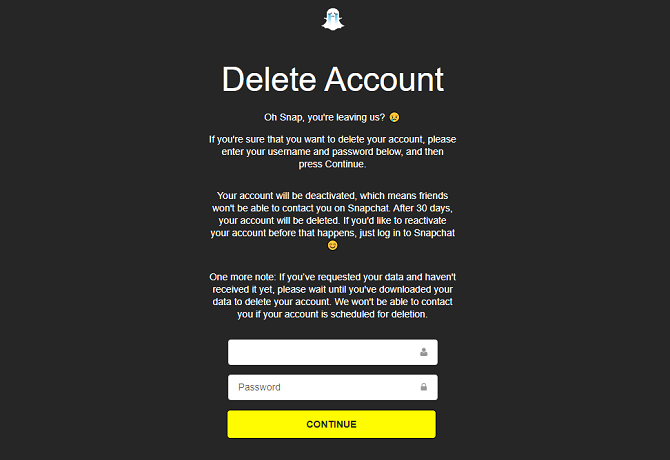snapchat delete account page