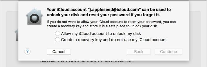 Choosing iCloud or FileVault recovery key