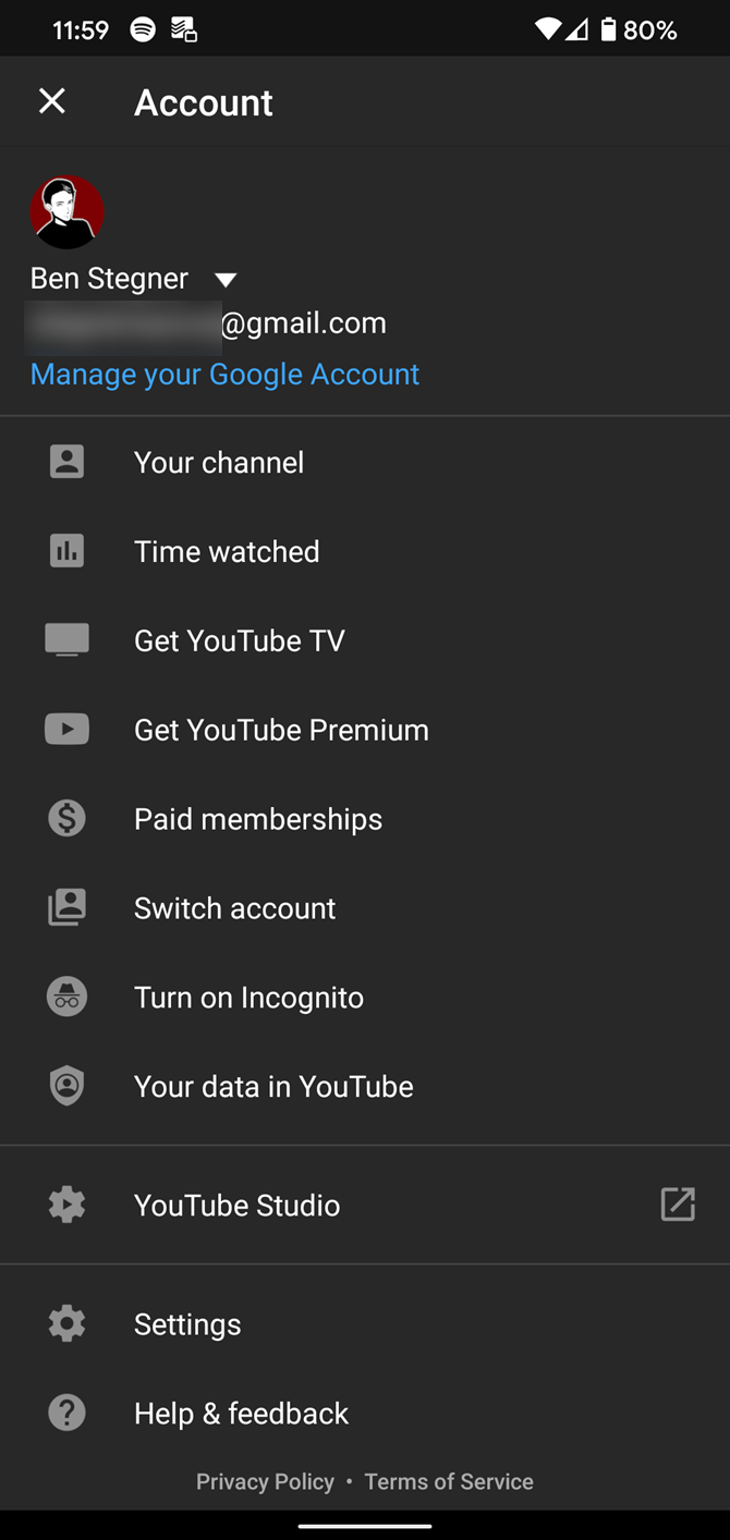 YouTube Mobile Account Settings