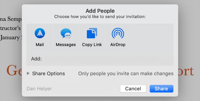 Add People option from iWork Real Time collaboration