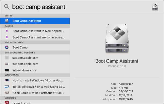 Boot Camp Assistant in Spotlight search