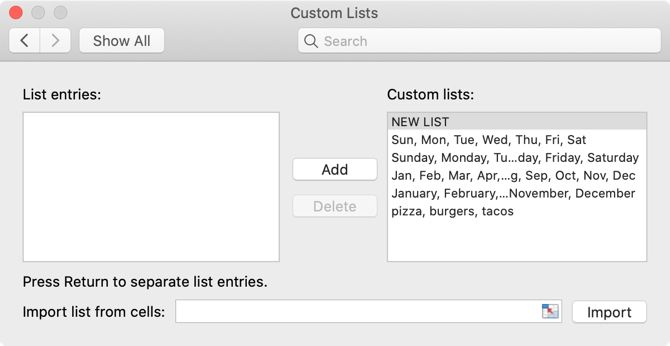 Custom Lists Dialog Box Mac