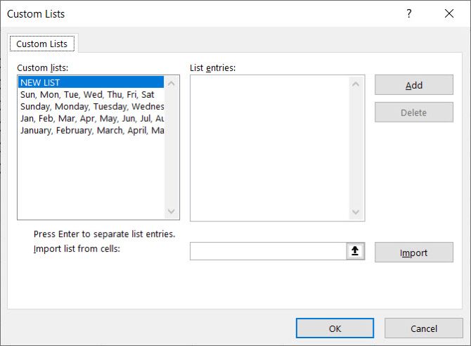 Custom Lists Dialog Box Windows