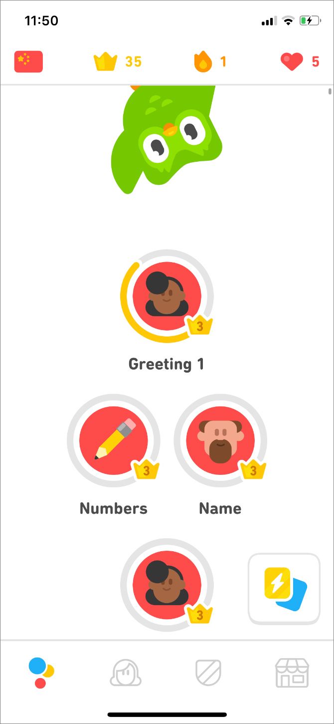 Duolingo home screen with different levels