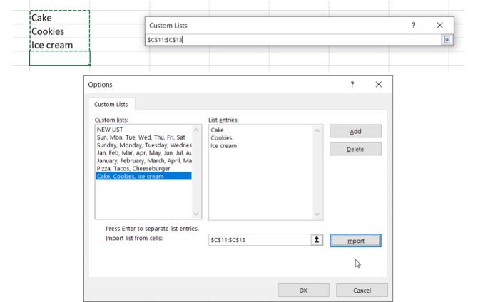Excel Custom List Import Cells