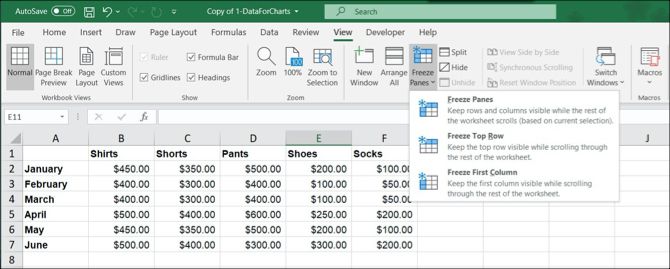 Excel Freeze First Column or Top Row