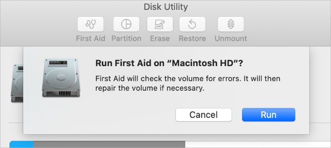 First Aid option in Disk Utility on macOS