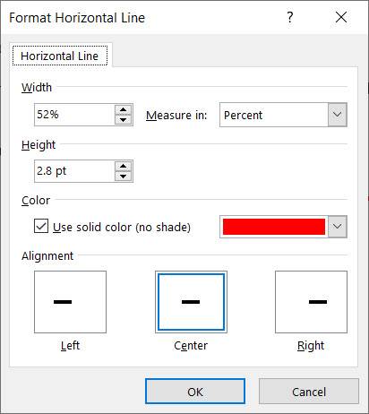 Format horizontal line dialog box in Word