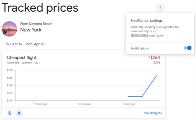 Google Flights Tracked Prices Notifications