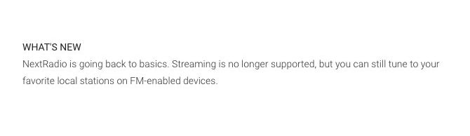 NextRadio's notice about no longer support live streaming