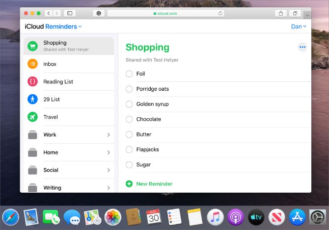 Reminders shopping list on iCloud website on Mac