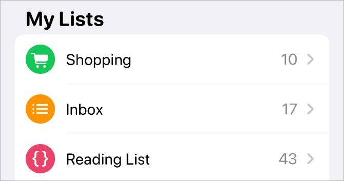Shopping List in Reminders home screen on iPhone