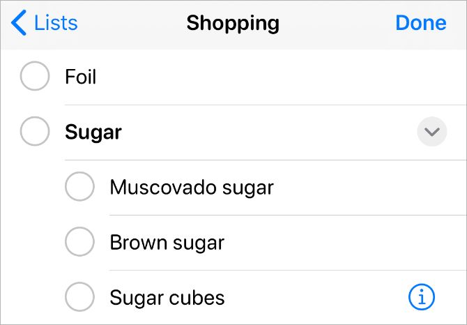 Subtask in Shopping list in Reminders app on iPhone