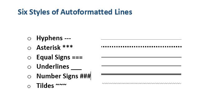 Different types of AutoFormatted Lines in Word