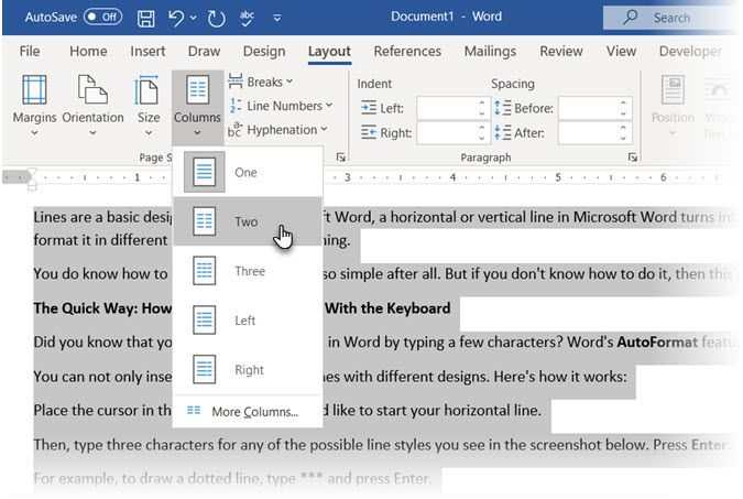 Change layout to columns in Word