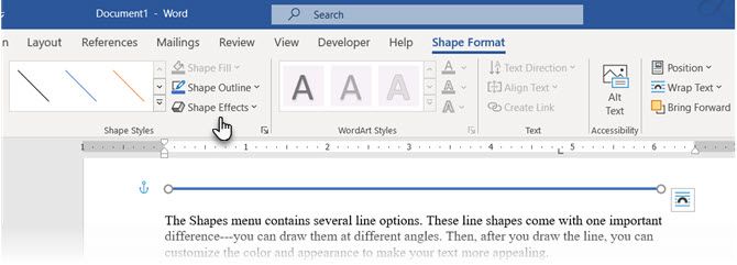 Shape Effects and Styles for a straight line in Word