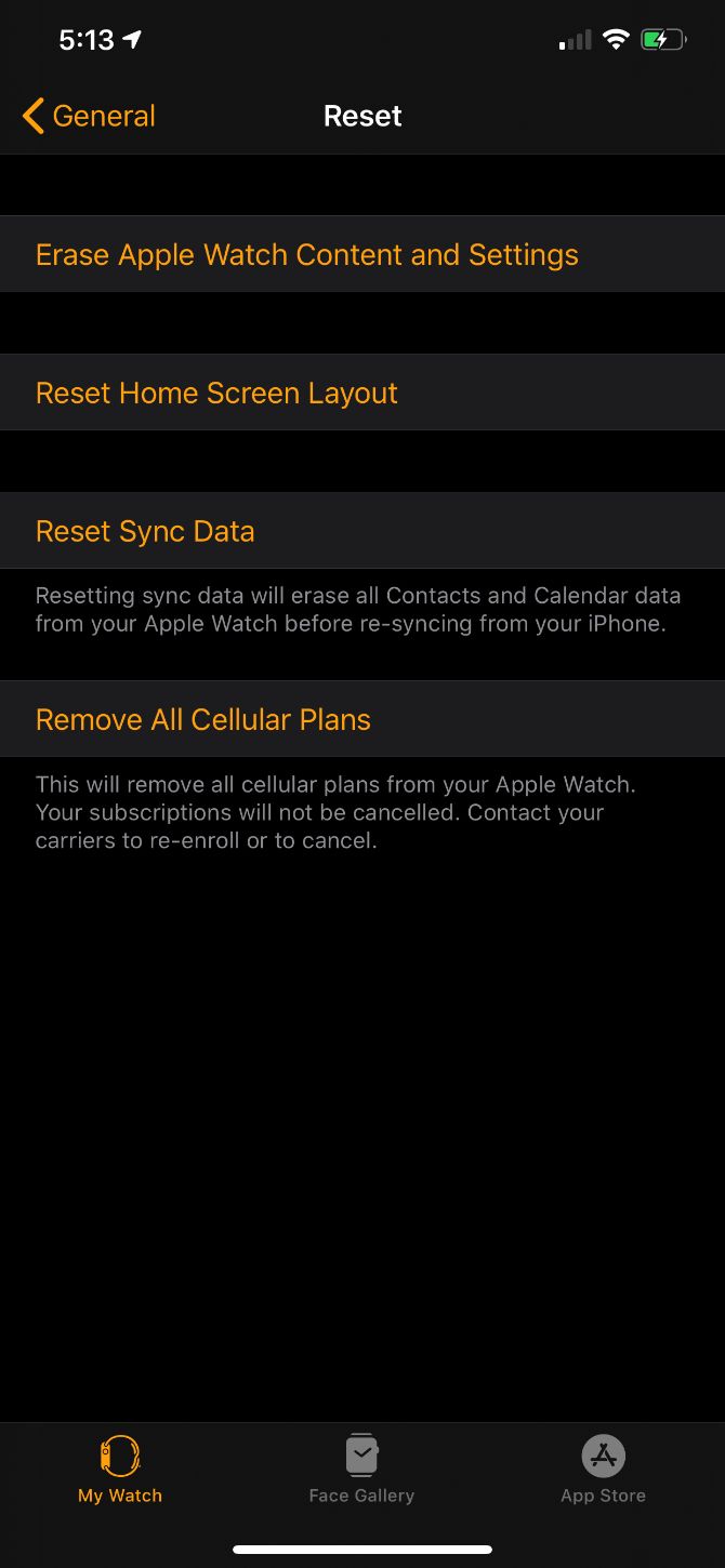 Reset options in the Watch app