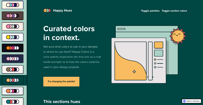 Happy Hues suggests color palettes and updates the whole website to give you a live demonstration, along with explaining the basics of color theory