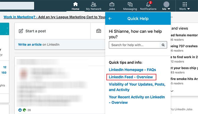 LinkedIn Quick Help Menu