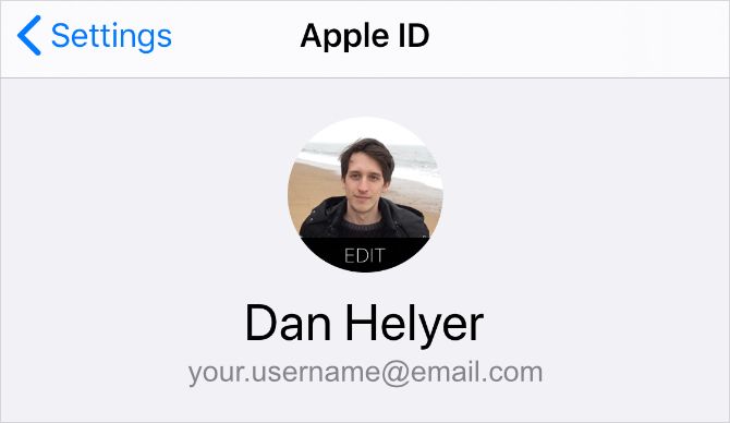 iPhone Apple ID settings showing username email address