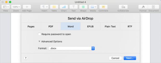 iWork Pages document with Sharing File Compatibility options