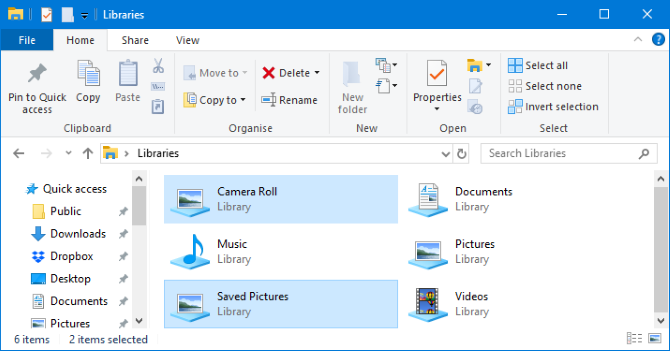 Hide settings for Camera Roll and Saved Pictures in Windows Libraries