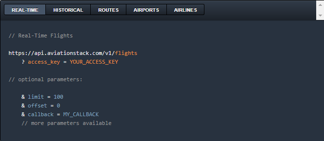 Sample code for an aviationstack API request