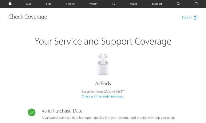 Apple's Check Coverage website showing valid AirPods serial number