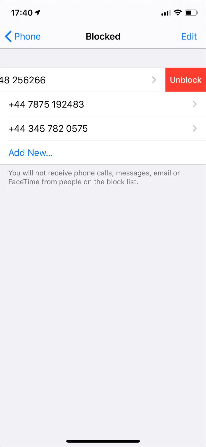 Blocked Numbers list in iPhone Settings