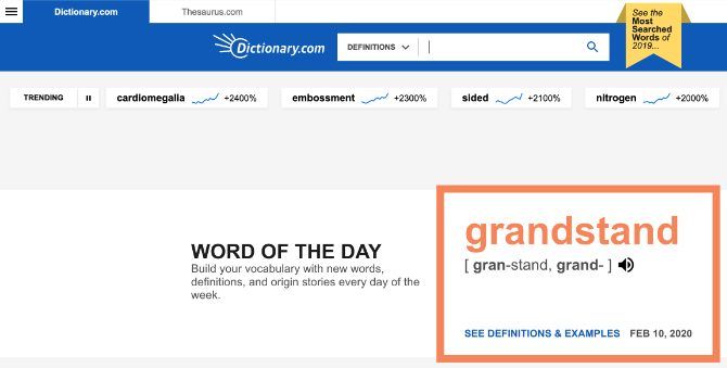 Dictionary.com home page with word of the day and trending words