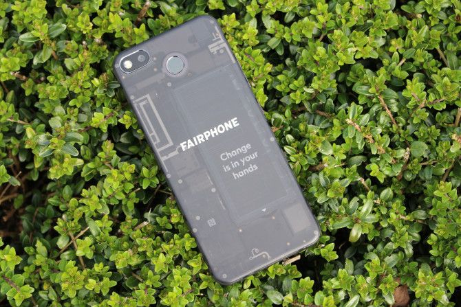 Fairphone 3 on a hedge
