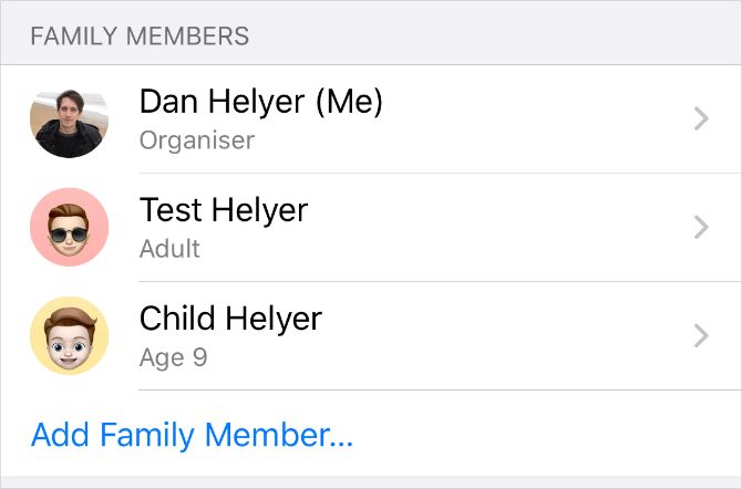 Family Members with Add Family Member option in iPhone Family Sharing settings